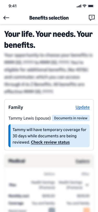 Benefits selection: Tammy's status reads Documents in review, with a blue note that she has temporary coverage while documents are reviewed